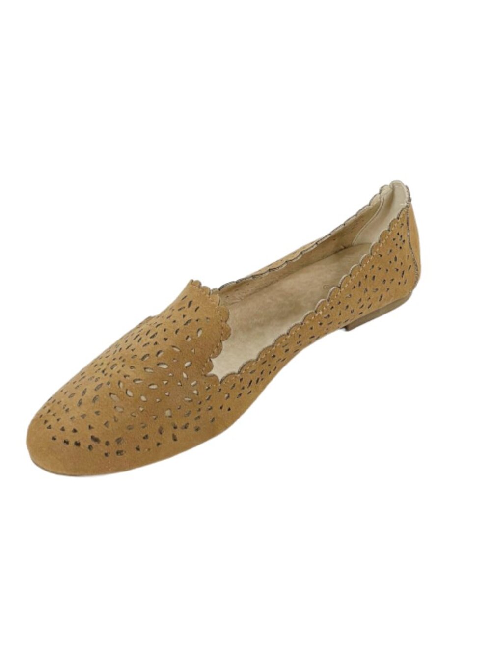 Qupid Shore-01 Women’s Camel Su Pu Laser Cut Scalloped Ballet Flats - Picture 2 of 2